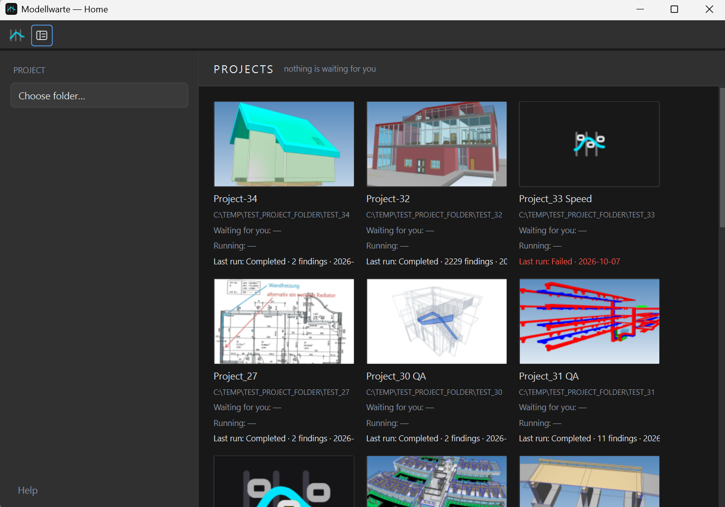 Start window with project tiles